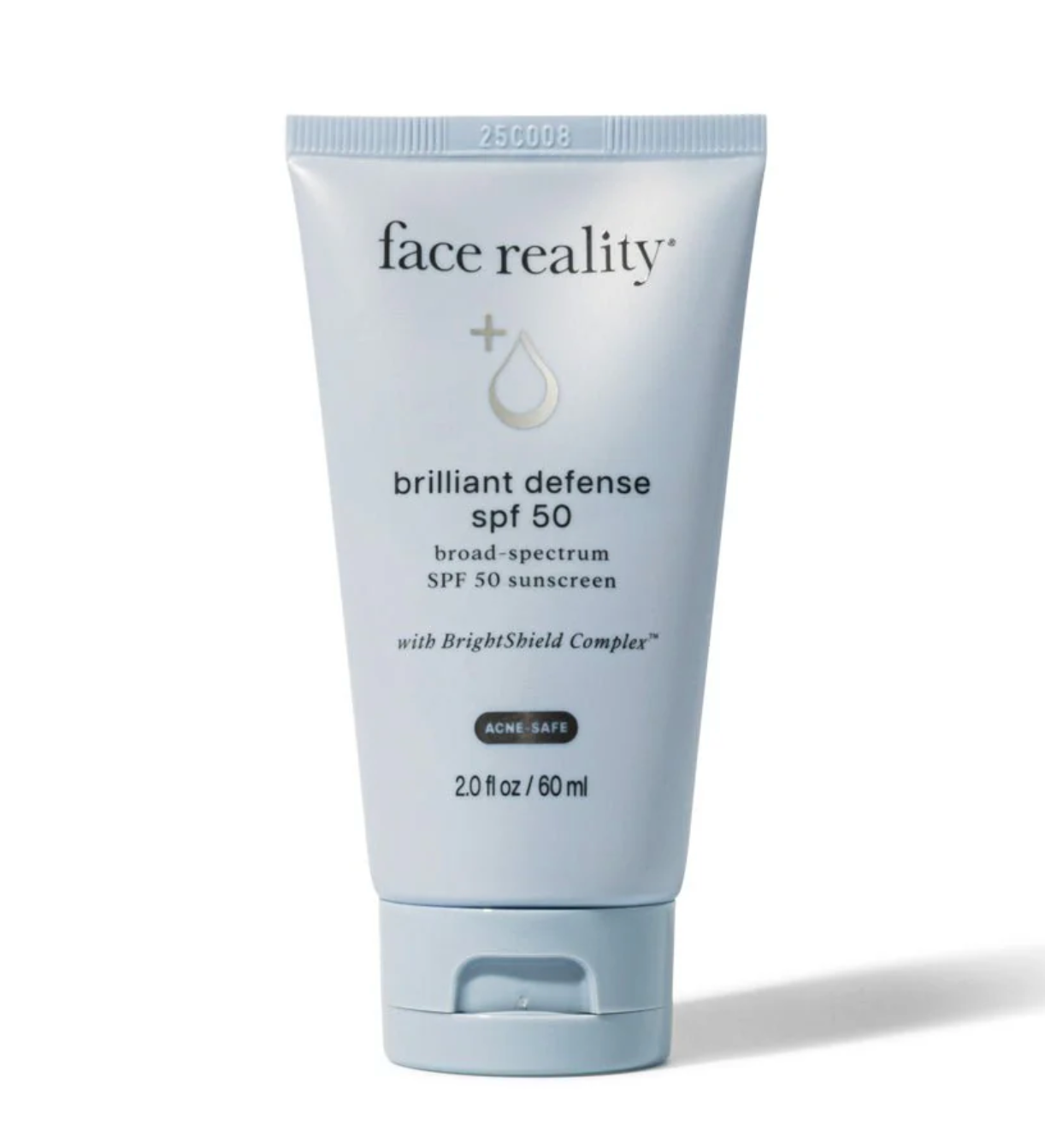 Tube of 'face reality' brilliant defense SPF 50 sunscreen on a white background