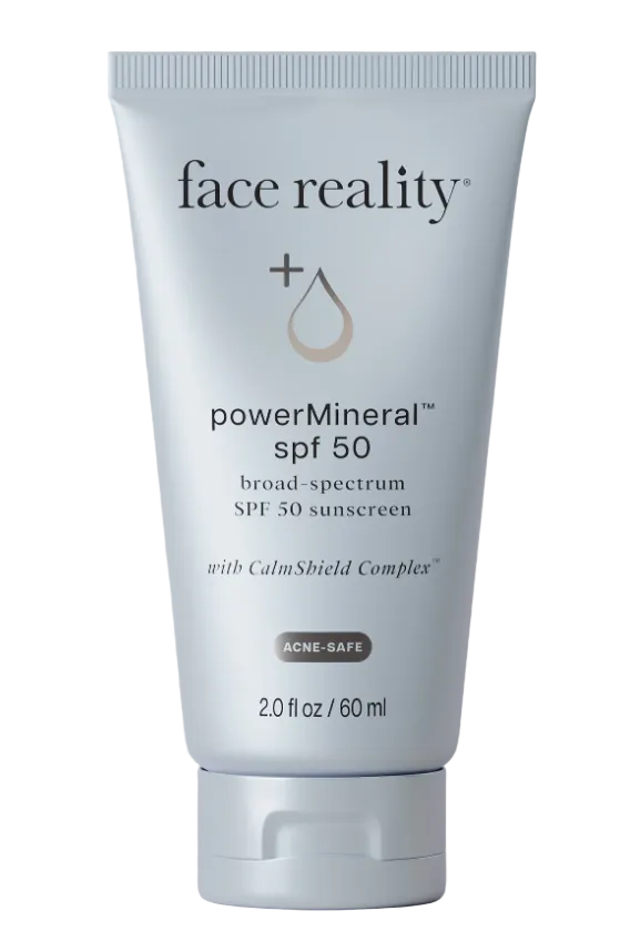 Tube of face reality powerMineral SPF 50 sunscreen on a white background