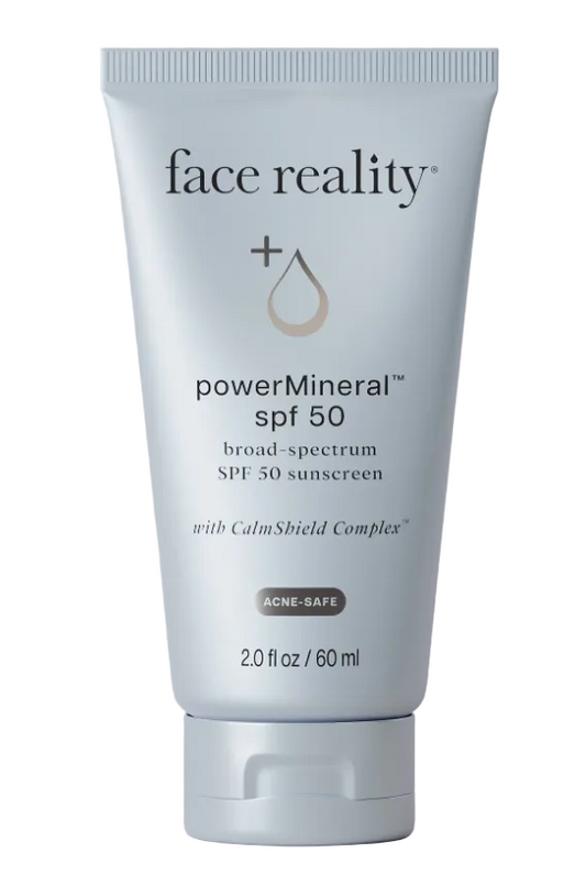 Tube of face reality powerMineral SPF 50 sunscreen on a white background